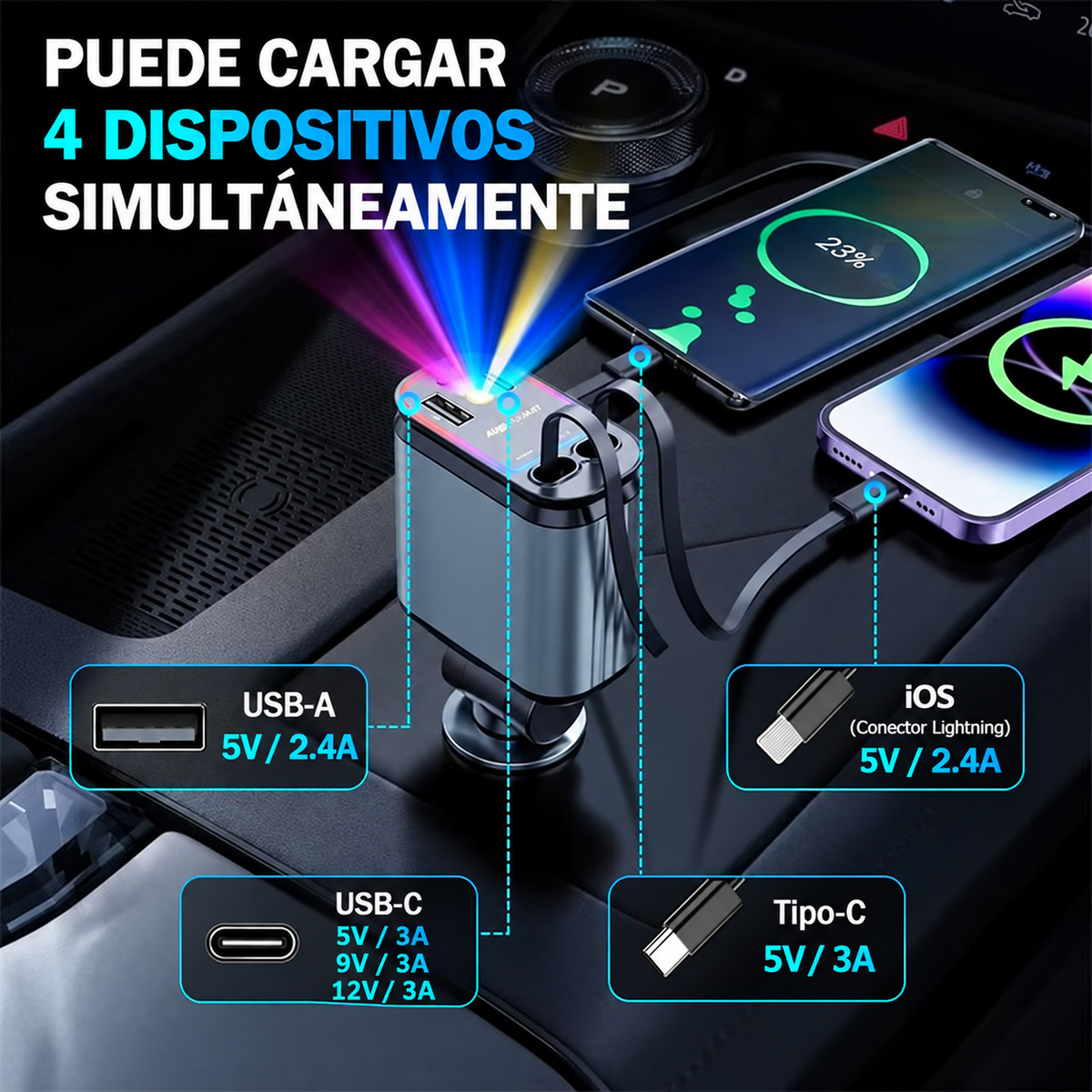 Cargador de Auto 4 en 1 con Cables Retráctiles y Luz Estrellada