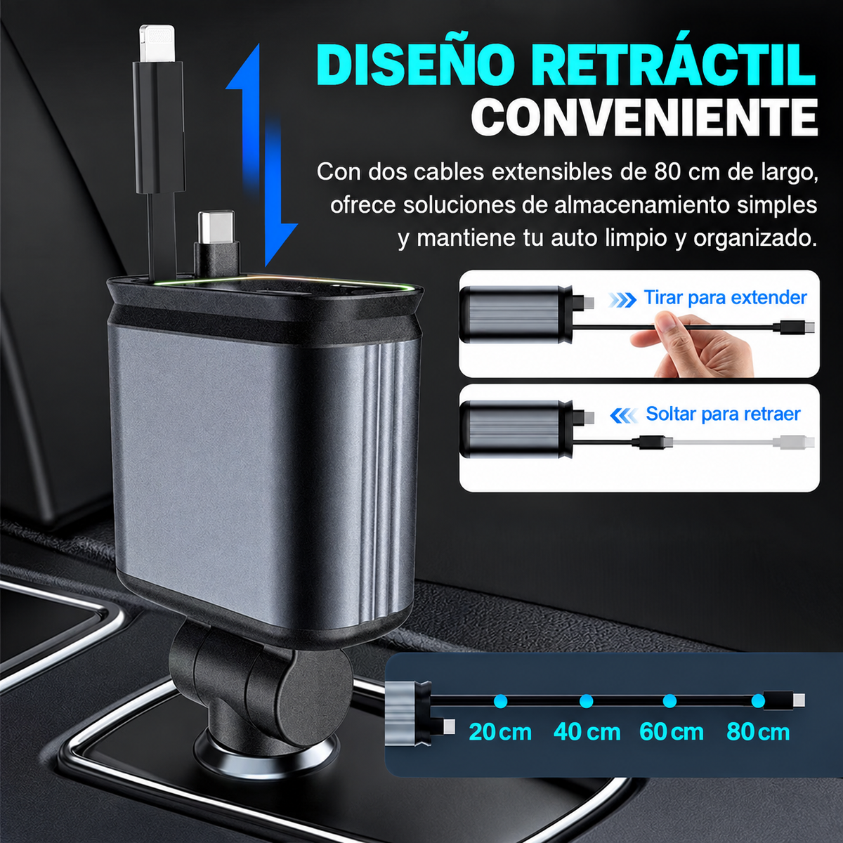 Cargador de Auto 4 en 1 con Cables Retráctiles y Luz Estrellada