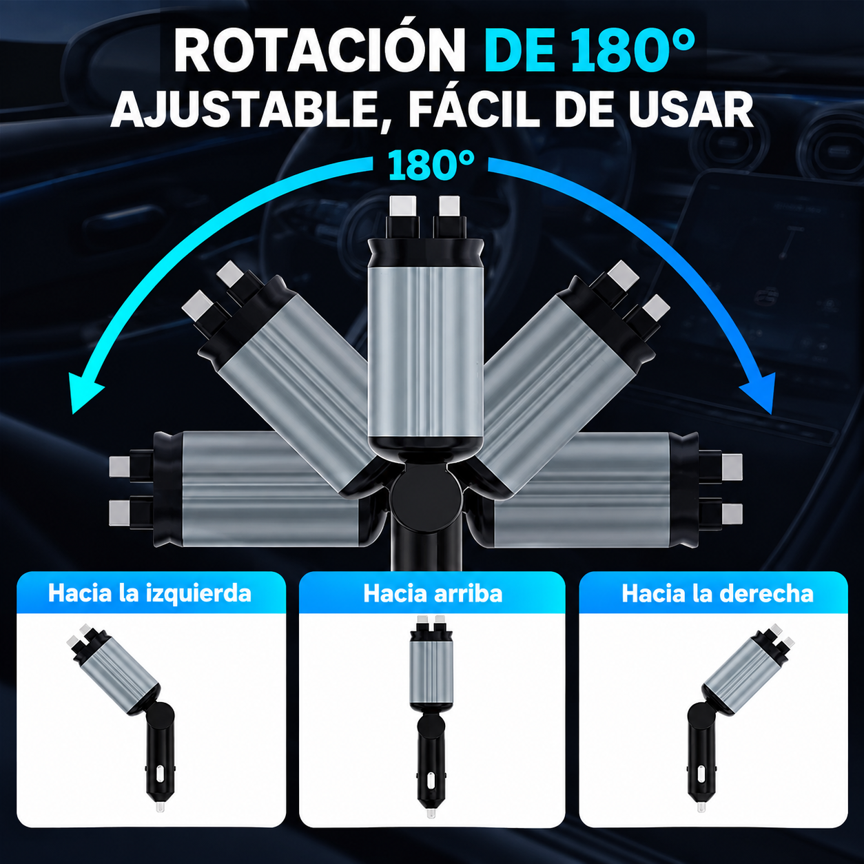 Cargador de Auto 4 en 1 con Cables Retráctiles y Luz Estrellada